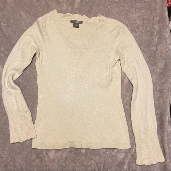 Ann Taylor Sweaters - Ann‎ Taylor 100% Cashmere Decorative Scalloped V-Neck Edge Sweater Mint Green